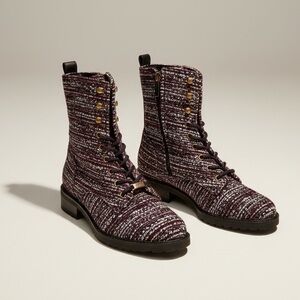 TORY BURCH Burgundy Tweed Lace-Up Lug Boots